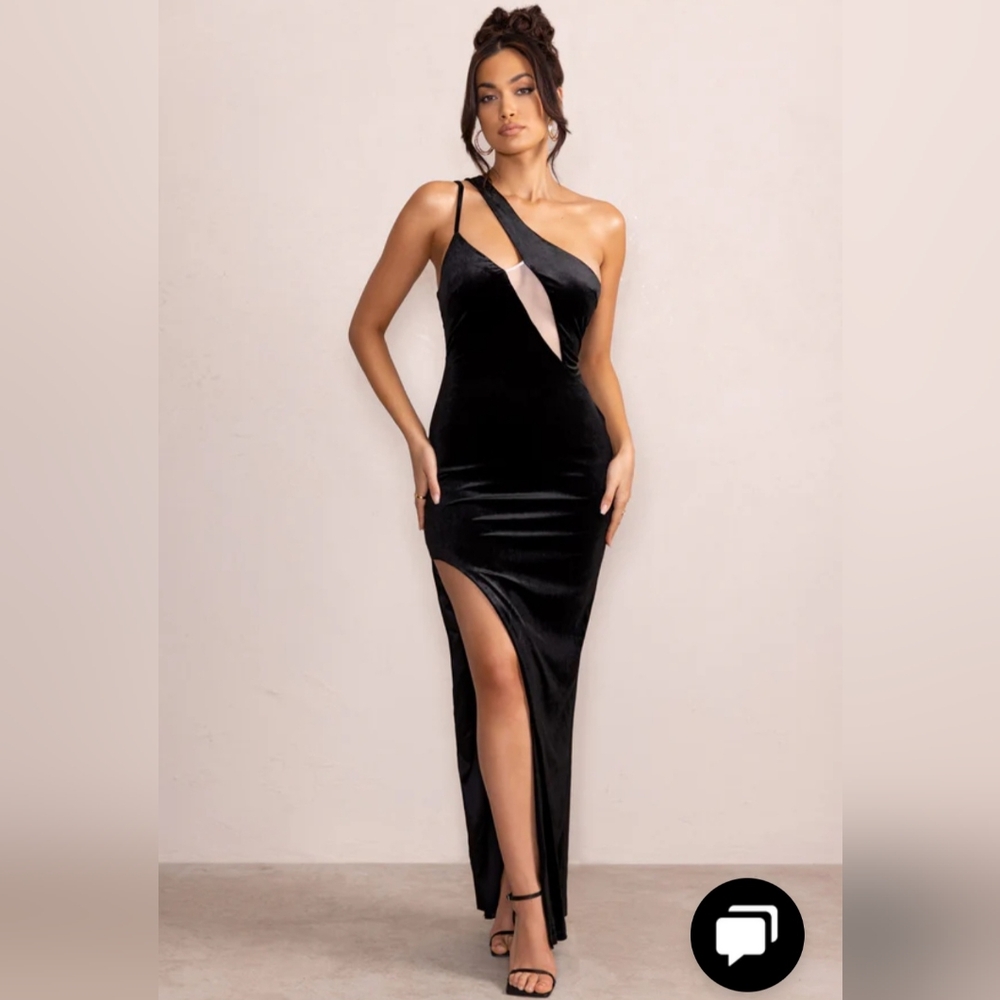 NWT Club L London Black Mesh Asymmetrick Neck Cut Out Maxi Dress